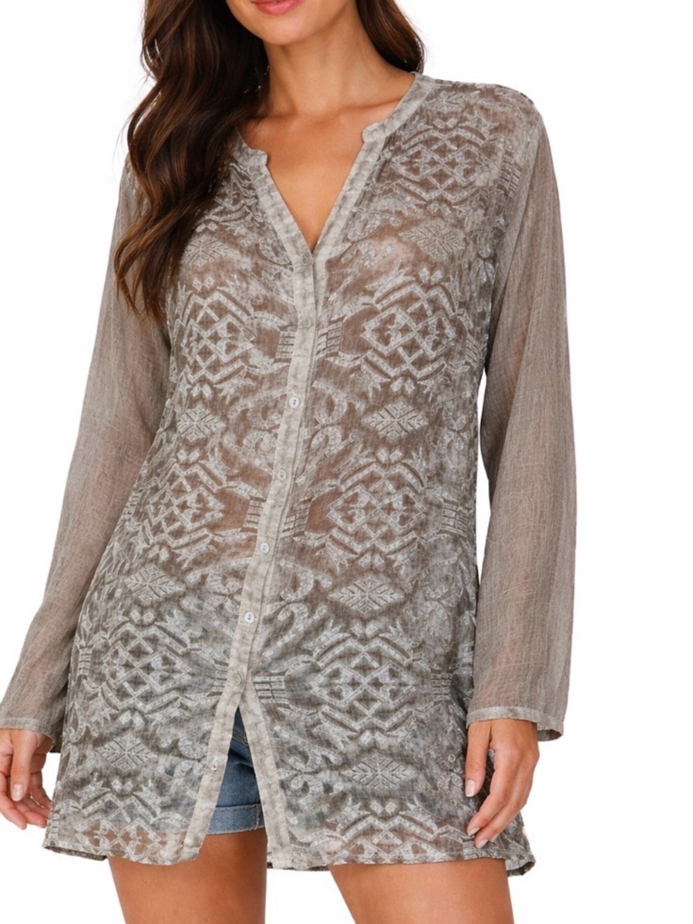 Soft Surroundings olive green semi sheer lightweight long sleeve button up top L